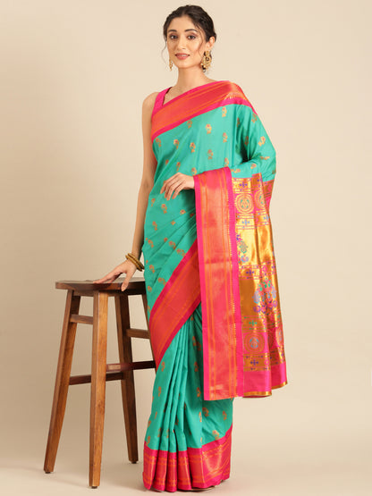 Ahilya Sea Green & Pink Soft Silk Peshwai Nath Paithani Saree