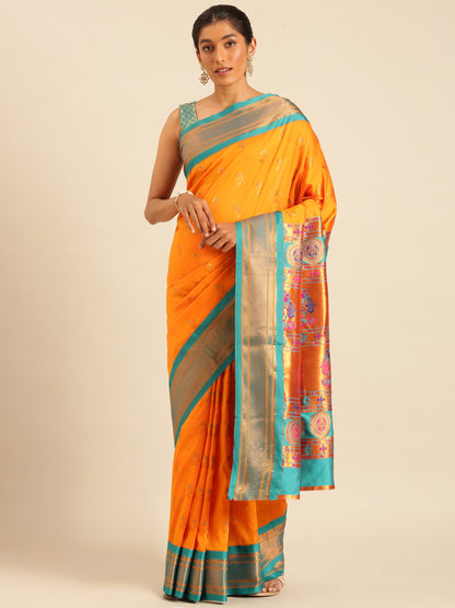 Ahilya Orange & Rama Soft Silk Peshwai Nath Paithani Saree