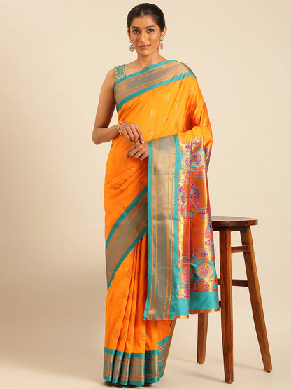 Ahilya Orange & Rama Soft Silk Peshwai Nath Paithani Saree