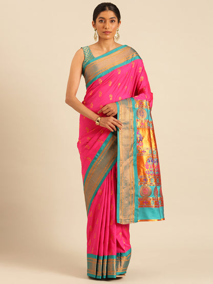 Ahilya Hot Pink & Rama Soft Silk Peshwai Nath Paithani Saree
