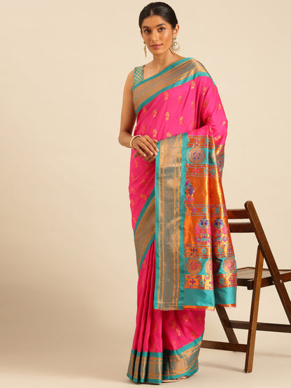 Ahilya Hot Pink & Rama Soft Silk Peshwai Nath Paithani Saree