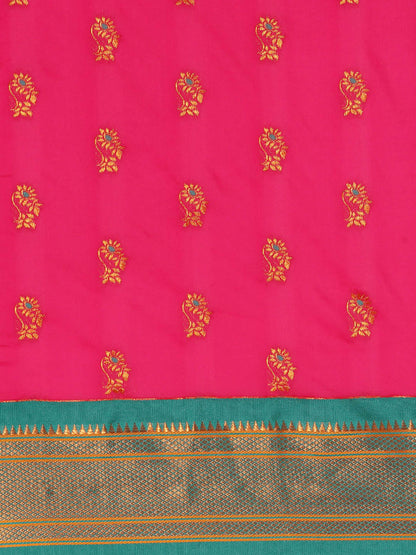 Ahilya Hot Pink & Rama Soft Silk Peshwai Nath Paithani Saree