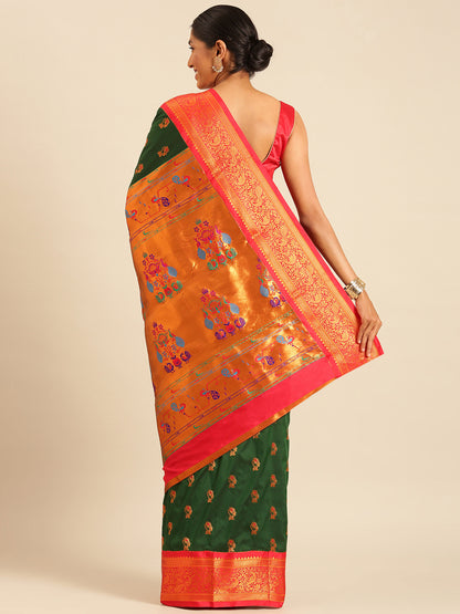 Sonkali Bottle Green & Red Soft Silk Peshwai Nath Paithani Saree