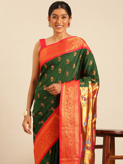 Sonkali Bottle Green & Red Soft Silk Peshwai Nath Paithani Saree