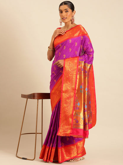 Sonkali Purple & Red Soft Silk Peshwai Nath Paithani Saree