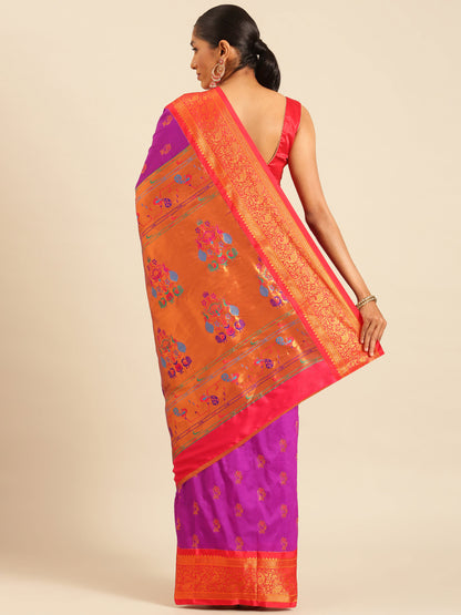 Sonkali Purple & Red Soft Silk Peshwai Nath Paithani Saree