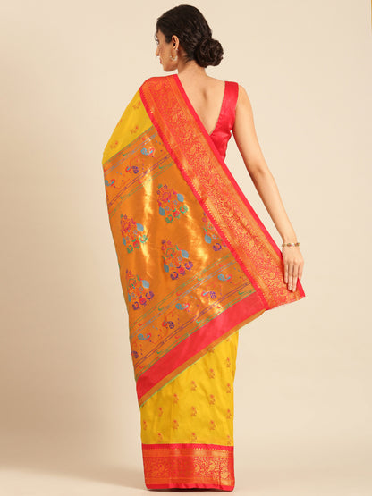 Sonkali Mustard & Red Soft Silk Peshwai Nath Paithani Saree