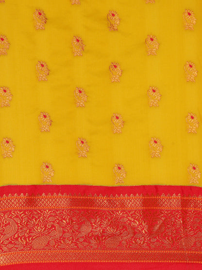 Sonkali Mustard & Red Soft Silk Peshwai Nath Paithani Saree