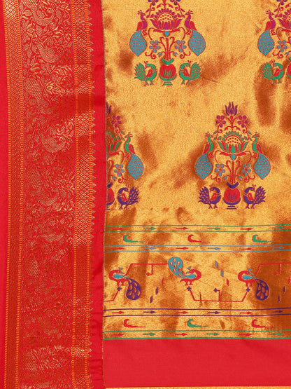 Sonkali Mustard & Red Soft Silk Peshwai Nath Paithani Saree