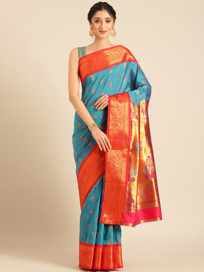 Sonkali Rama & Red Soft Silk Peshwai Nath Paithani Saree