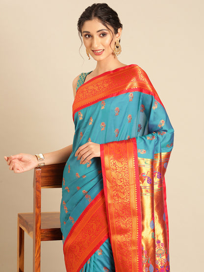 Sonkali Rama & Red Soft Silk Peshwai Nath Paithani Saree