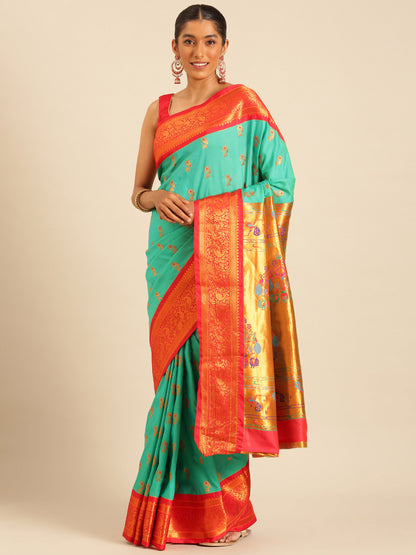 Sonkali Sea Green & Red Soft Silk Peshwai Nath Paithani Saree