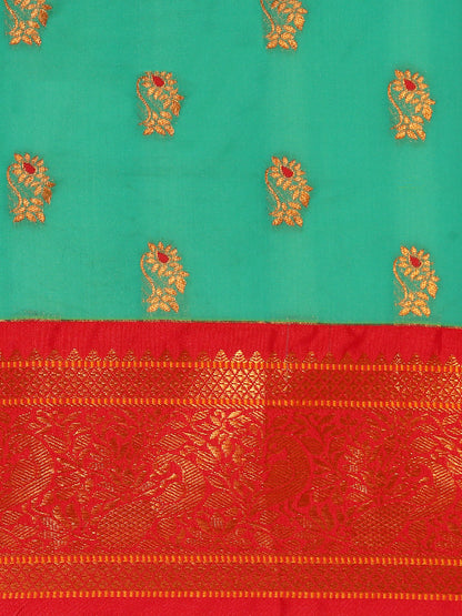 Sonkali Sea Green & Red Soft Silk Peshwai Nath Paithani Saree