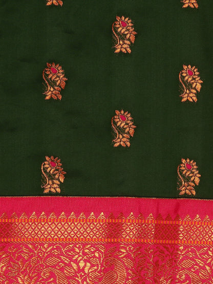 Sonkali Bottle Green & Pink Soft Silk Peshwai Nath Paithani Saree