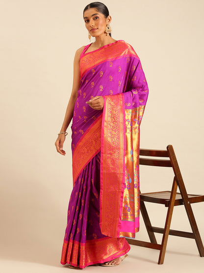 Sonkali Purple & Pink Soft Silk Peshwai Nath Paithani Saree