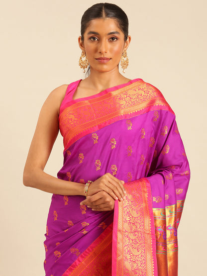 Sonkali Purple & Pink Soft Silk Peshwai Nath Paithani Saree