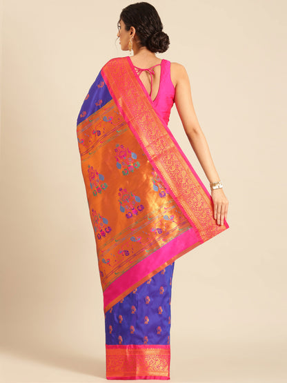 Sonkali Royal Blue & Pink Soft Silk Peshwai Nath Paithani Saree