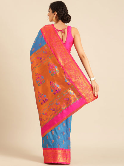 Sonkali Firozi & Pink Soft Silk Peshwai Nath Paithani Saree