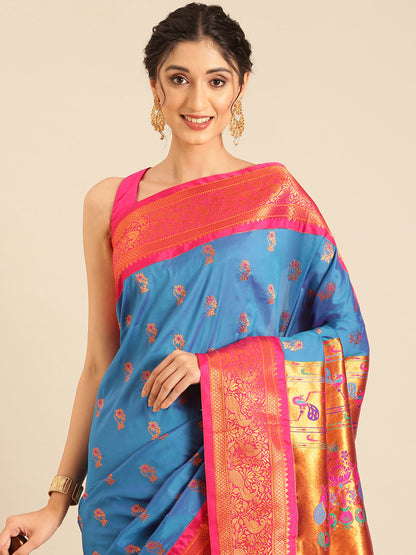 Sonkali Firozi & Pink Soft Silk Peshwai Nath Paithani Saree