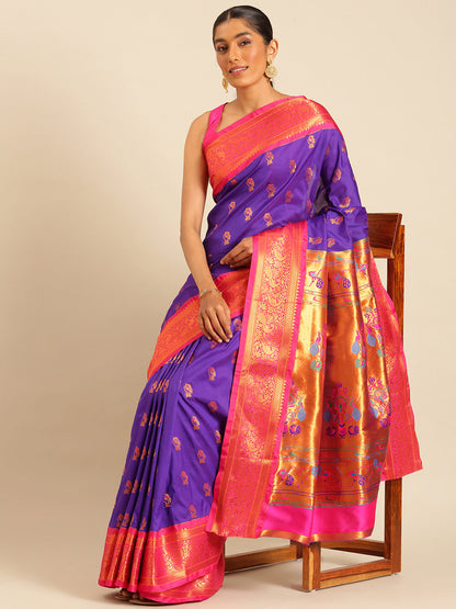Sonkali Indigo Blue & Pink Soft Silk Peshwai Nath Paithani Saree