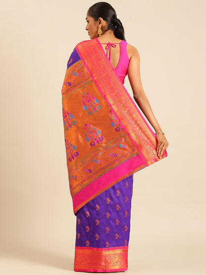 Sonkali Indigo Blue & Pink Soft Silk Peshwai Nath Paithani Saree