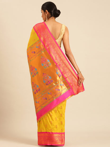 Sonkali Mustard & Pink Soft Silk Peshwai Nath Paithani Saree