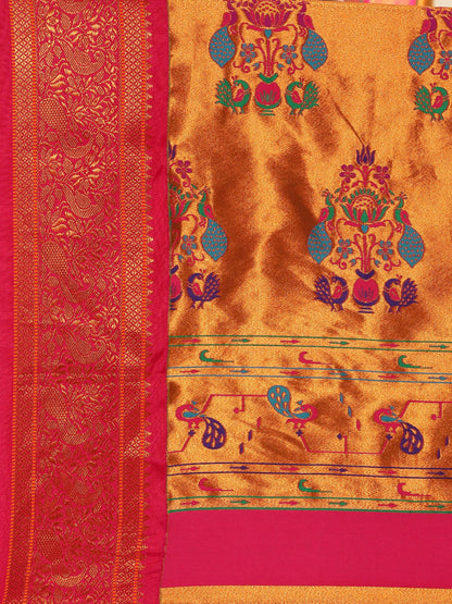 Sonkali Mustard & Pink Soft Silk Peshwai Nath Paithani Saree