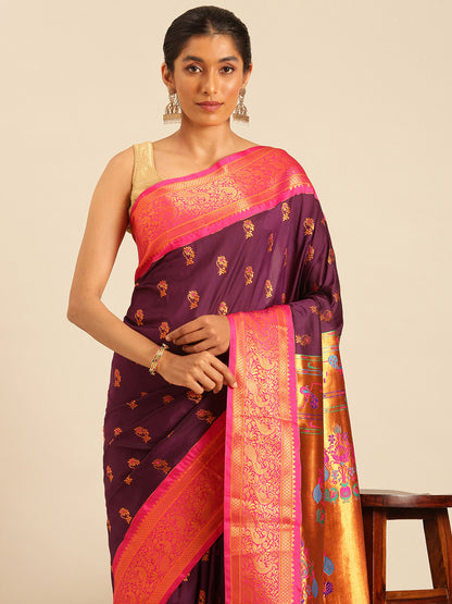 Sonkali Maroon & Pink Soft Silk Peshwai Nath Paithani Saree