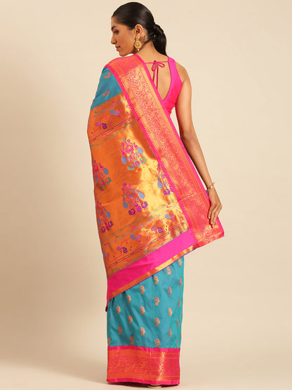 Sonkali Rama & Pink Soft Silk Peshwai Nath Paithani Saree