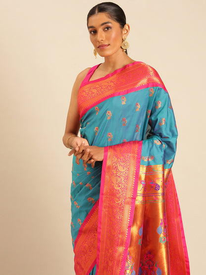 Sonkali Rama & Pink Soft Silk Peshwai Nath Paithani Saree