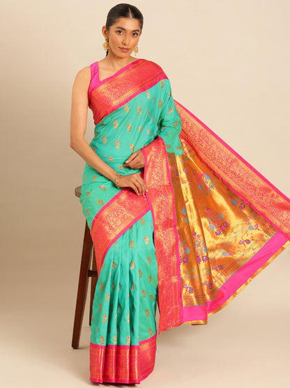 Sonkali Sea Green & Pink Soft Silk Peshwai Nath Paithani Saree