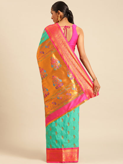 Sonkali Sea Green & Pink Soft Silk Peshwai Nath Paithani Saree