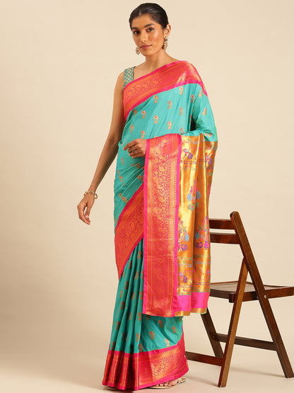 Sonkali Chintamani & Pink Soft Silk Peshwai Nath Paithani Saree