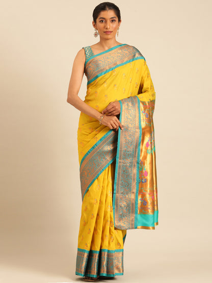 Sonkali Mustard & Rama Soft Silk Peshwai Nath Paithani Saree