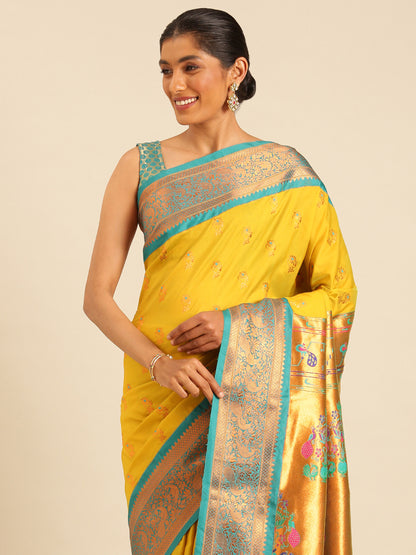 Sonkali Mustard & Rama Soft Silk Peshwai Nath Paithani Saree