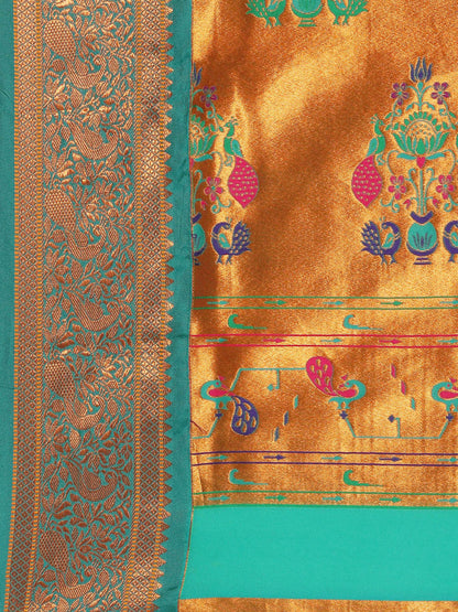 Sonkali Mustard & Rama Soft Silk Peshwai Nath Paithani Saree
