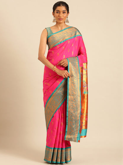 Sonkali Hot Pink & Rama Soft Silk Peshwai Nath Paithani Saree