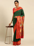 Muniya paithani saree silk blend in bottle green and red with muniya peacock meena butti - styled model view for wedding wear