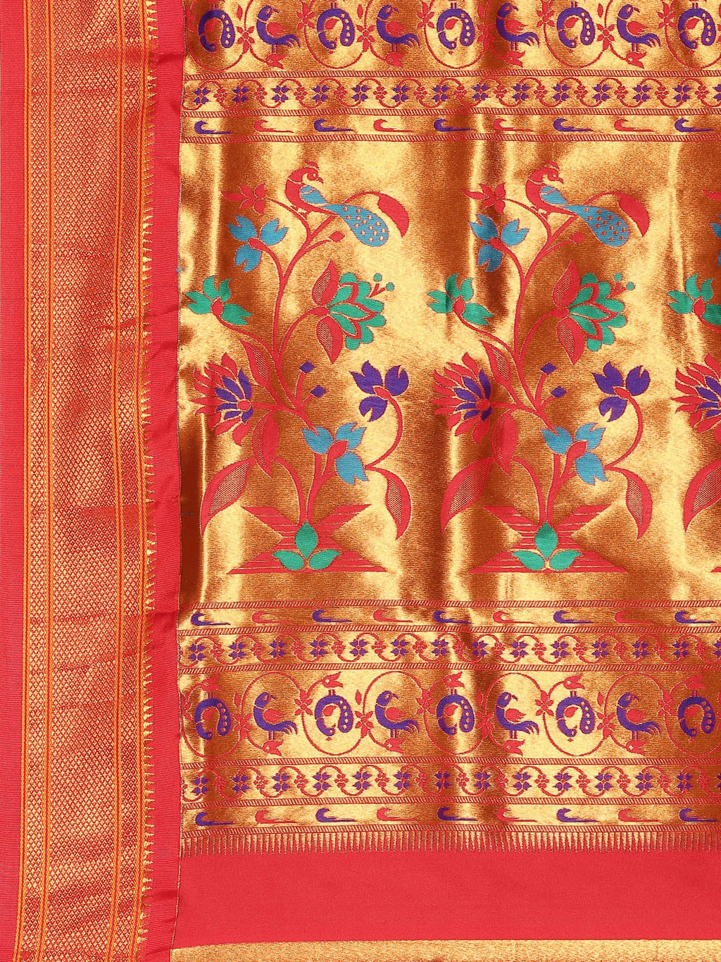 Muniya paithani saree silk blend in bottle green and red with muniya peacock meena butti - pallu detail showing woven motif design for wedding wear