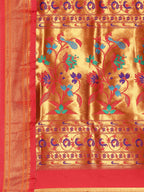 Muniya paithani saree silk blend in bottle green and red with muniya peacock meena butti - pallu detail showing woven motif design for wedding wear