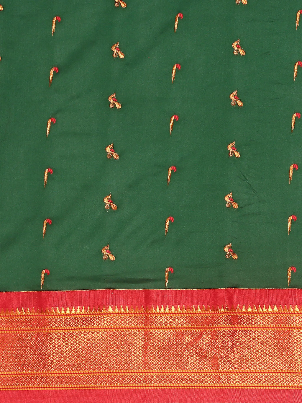 Muniya paithani saree silk blend in bottle green and red with muniya peacock meena butti - body fabric detail showing motif design for wedding wear