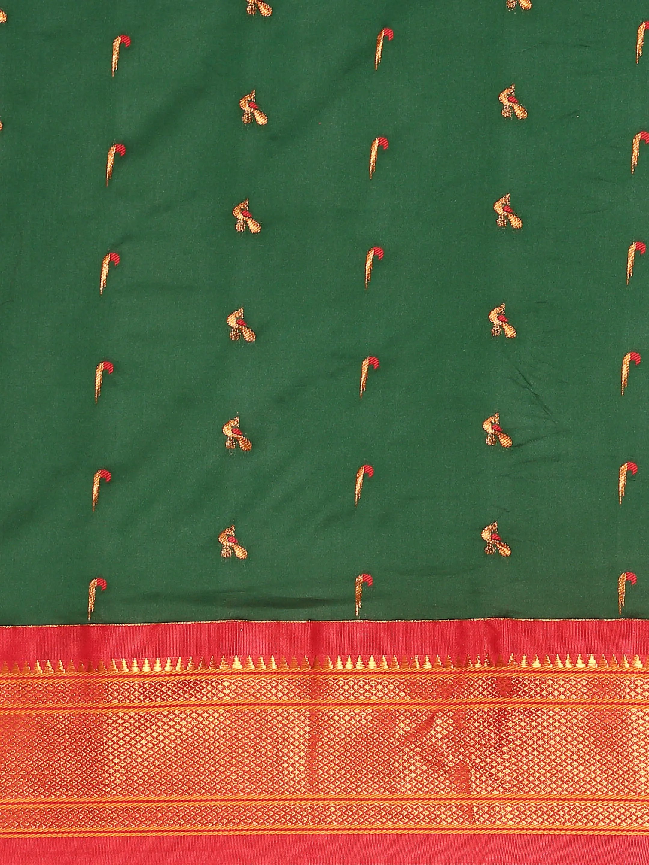 Muniya paithani saree silk blend in bottle green and red with muniya peacock meena butti - body fabric detail showing motif design for wedding wear