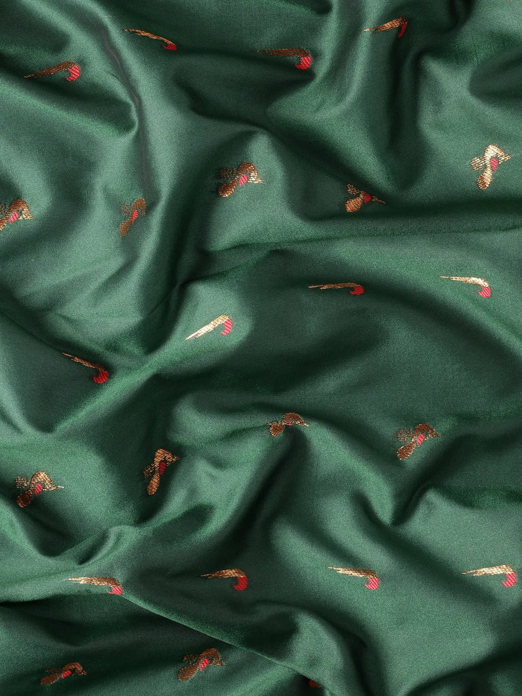 Muniya paithani saree silk blend in bottle green and red with muniya peacock meena butti - fabric view for wedding wear