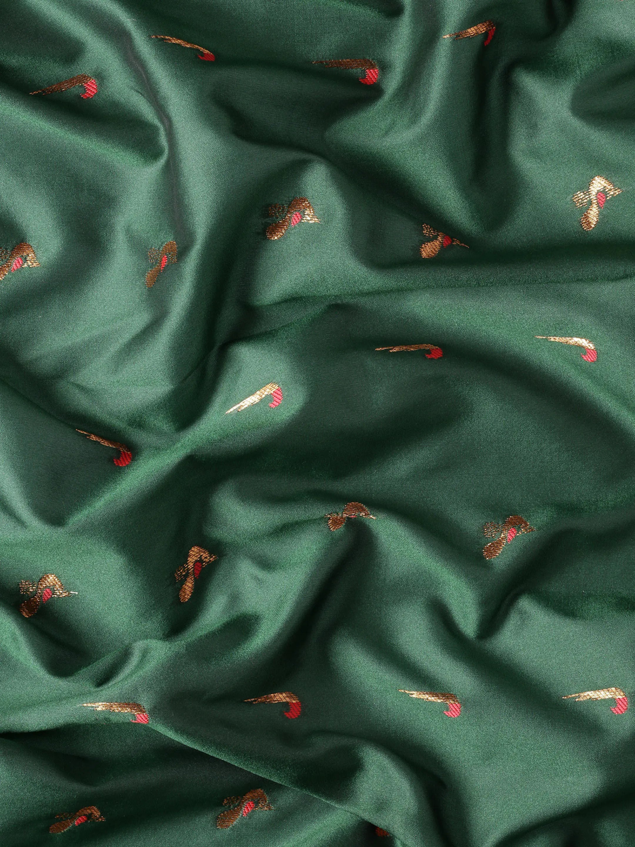 Muniya paithani saree silk blend in bottle green and red with muniya peacock meena butti - fabric view for wedding wear