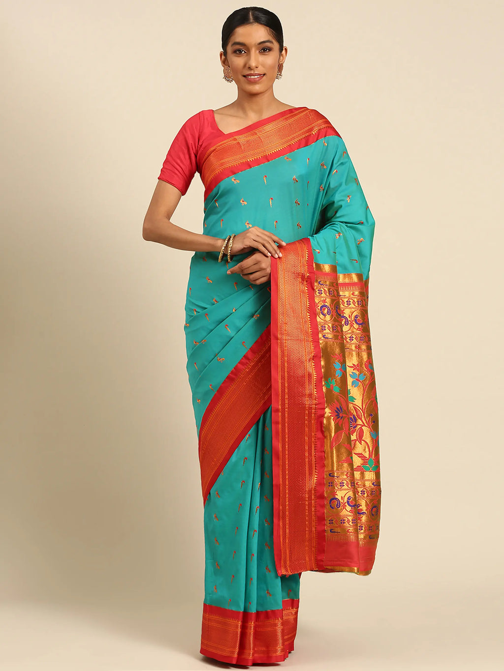 Muniya paithani saree silk blend in chintamani and red with muniya peacock meena butti - front view for wedding wear