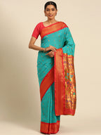 Muniya paithani saree silk blend in chintamani and red with muniya peacock meena butti - front view for wedding wear