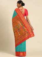 Muniya paithani saree silk blend in chintamani and red with muniya peacock meena butti - back view showing pallu and border for wedding wear
