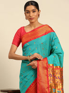 Muniya paithani saree silk blend in chintamani and red with muniya peacock meena butti - closeup view showing fabric and zari work for wedding wear