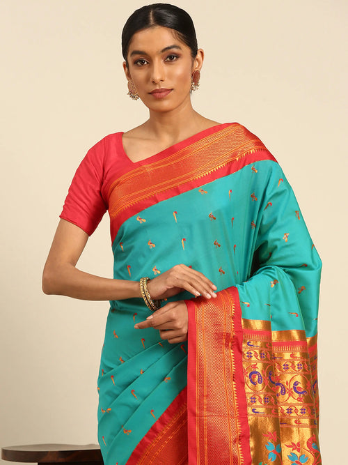 Muniya paithani saree soft silk in chintamani and red with muniya peacock meena butti - closeup view showing fabric and zari work for wedding wear
