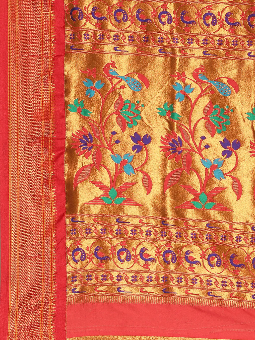 Muniya paithani saree silk blend in chintamani and red with muniya peacock meena butti - pallu detail showing woven motif design for wedding wear